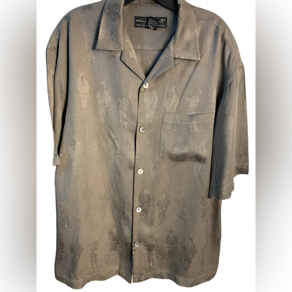 Guy Buffet Short Sleeve Golf Button-Up Shirt. EC Tan/Brown. 100 % Silk SZ MED
